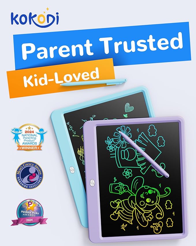 KOKODI LCD Writing Tablet, 12 Inch Colorful Toddler Doodle Board Drawing Tablet, Erasable Reusable Electronic Drawing Pads, Educational and Learning Toy for 3-6 Years Old Boy and Girls(Purple)