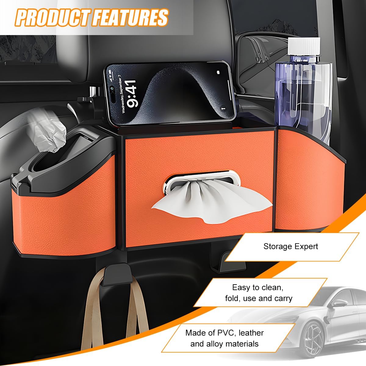 HZEL Car Seat Back Organizer, 7 in 1 Vehicle Backseat Storage Box with Cup Holder Tissue Box Trash Bin & Hooks, Multifunctional Auto Interior Headrest Organizer, Universal for SUV RV Truck (Orange)