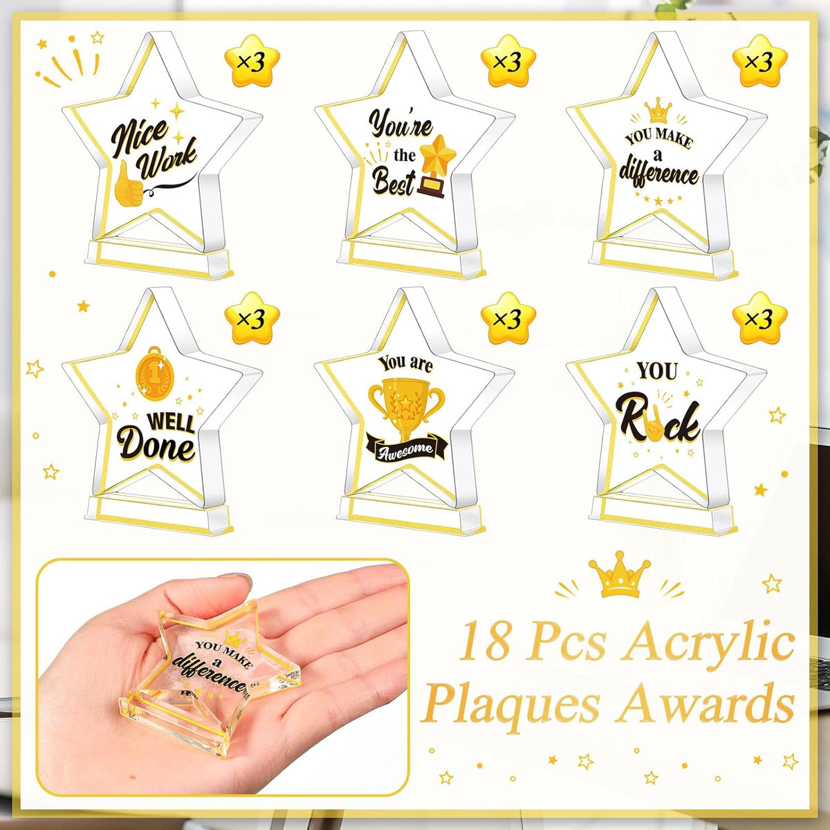 Treela Employee Appreciation Awards - 6 Pcs Acrylic Trophies for Recognition | Gold Small Star