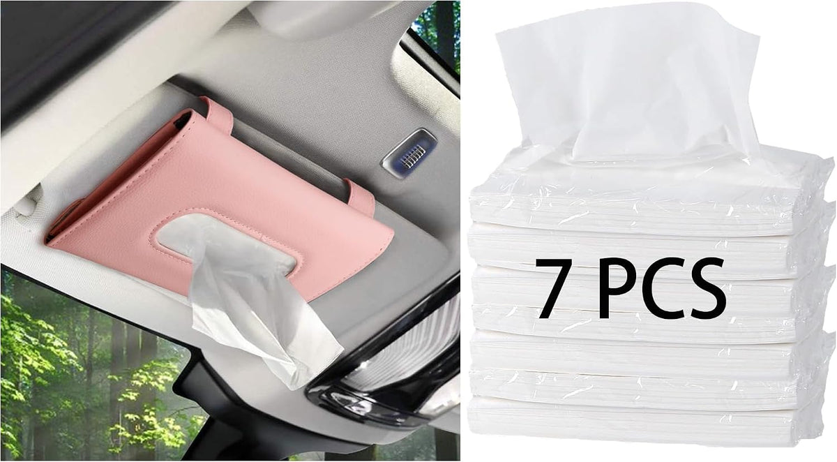 Black Car Tissue Holder with 7 Refill, Leather Tissue Dispenser for Car