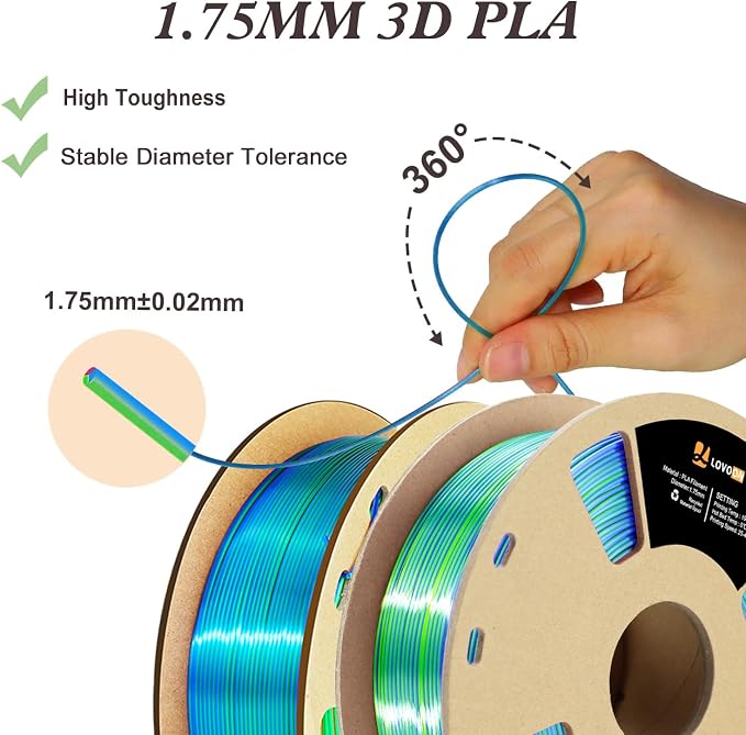 LOVOON Silk PLA 3D Printer Filament Bundle 2 KG, PLA Filament 1.75mm, Shiny