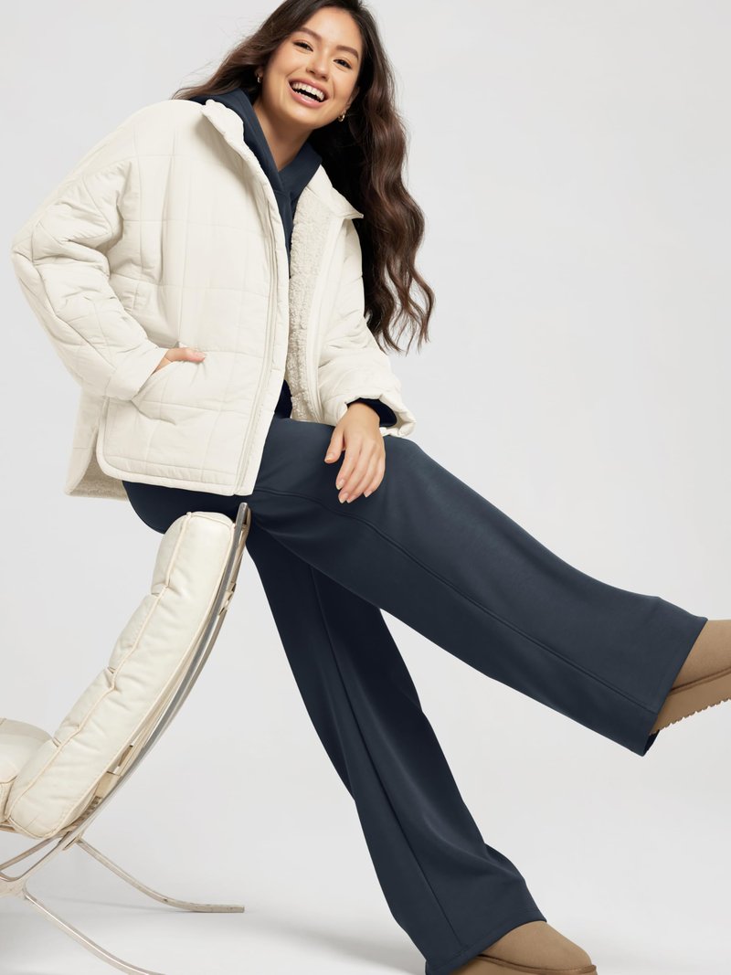 ODODOS Women's Modal Soft Fleece Lined Wide Leg Pants with Pockets Adjustable Shockcord High Waist Casual Lounge Pants-29 Inseam, Navy, X-Small
