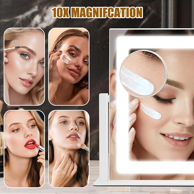 Rechargeable Vanity Mirror with Lights, 3000mAH Battery, 16"×12" LED Makeup Mirror, 10X Magnification, Smart Touch with 3-Color Lighting, 360° Rotation, Lighted Up for Makeup Desk, Bedroom (White)