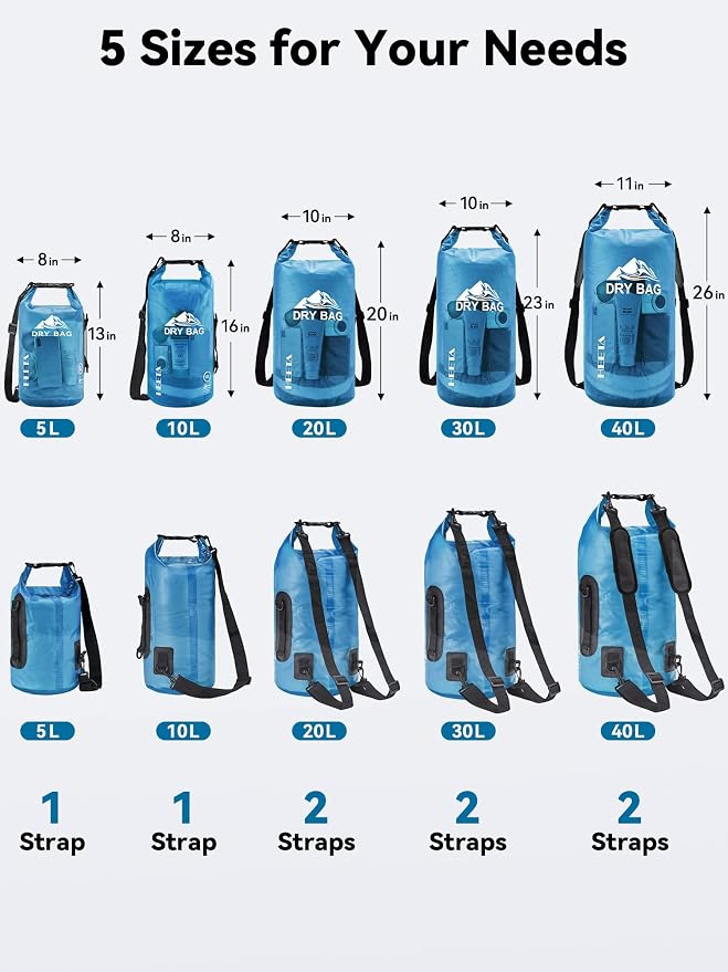 HEETA Dry Bag Waterproof for Women Men, 5L/10L/20L/30L/40L Roll Top Lightweight