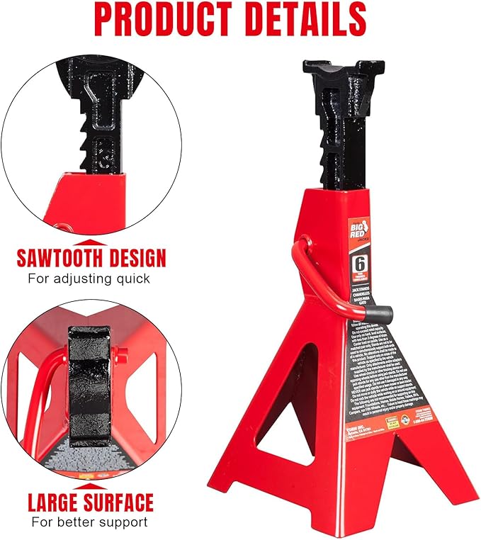 BIG RED T46202 Torin Steel Jack Stands: 6 Ton (12,000 lb) Capacity, Red, 1 Pair