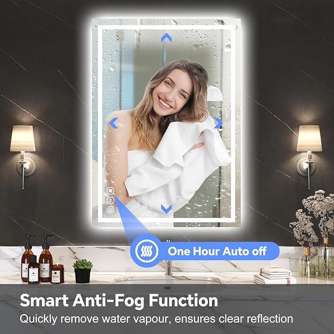 LED Bathroom Mirror 20x28 Inch Anti-Fog Bathroom Mirror with Lights, Wall Mounted Lighted Vanity Mirrors, Dimmable, Backlit + Front Lit, Smart Bathroom Vanity Mirror with 3 Colors Temperature