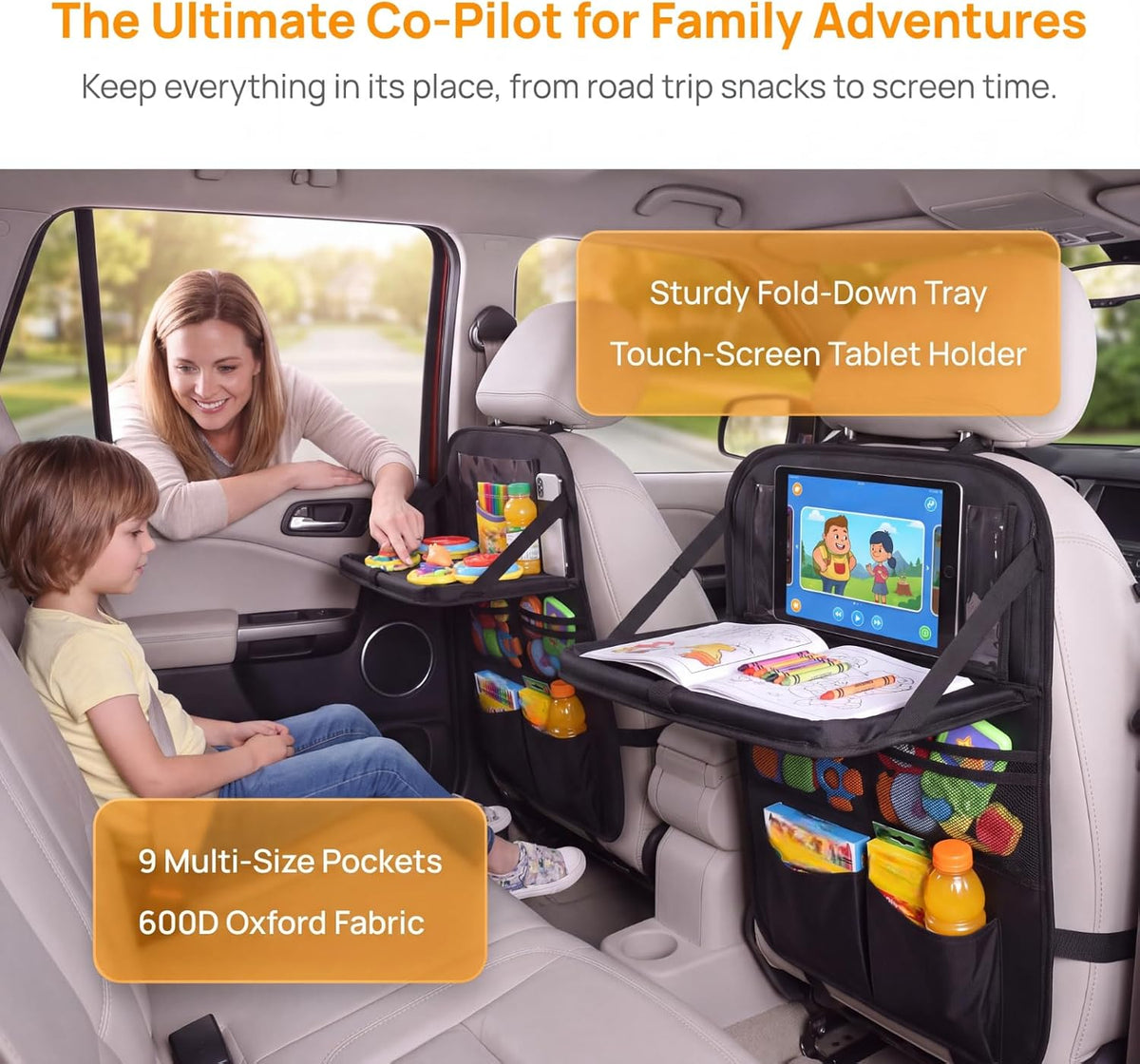 Car Backseat Organizer 1-Pack with Tablet & Storage Tray, Waterproof 600D Oxford Fabric Seat Back Protector, Kick Mats, Adjustable Straps Fit Most Vehicles, Road Trip Essentials for Kids