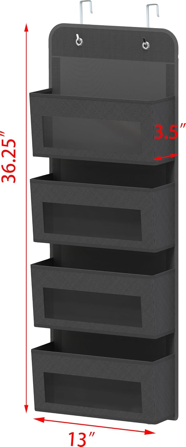 Simple Houseware 4 Clear Window Pocket Over Closet Door Storage Hanging Organizer for Bedroom, Bathroom, Pantry, Dark Grey