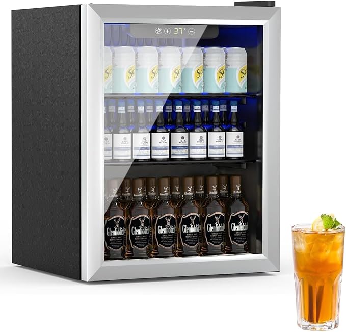 Compact Beverage Refrigerator, 1.7Cu.Ft/70 Can Mini Fridge with Glass Door and Digital Display, Small Drink Fridge with Adjustable Shelves for Soda, Beer, or Wine, Compact Fridge for Bedroom