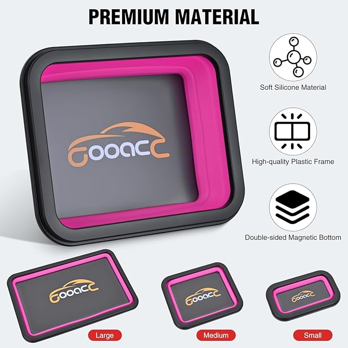 GOOACC 3 Sizes Collapsible Magnetic Parts Tray Set Pink Silicone Foldable Tool Trays Organizer for Screws Bolts Nuts Pins Washers and Other Small Metal Parts Double Sided Magnet Base