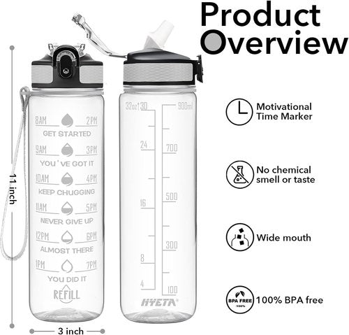 Hyeta 32 oz Motivational Water Bottle - Leakproof Design with Time Markers & Straw for Fitness | Gym & Outdoor Use