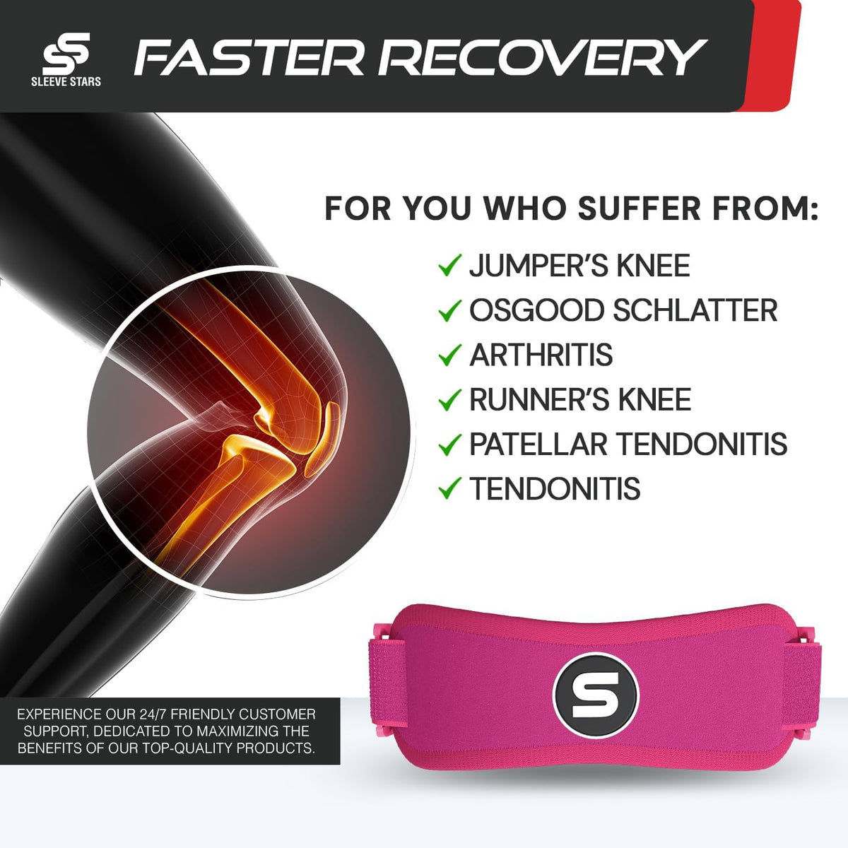 Swedish Brand Sleeve Stars Patellar Tendon Support Strap - Effective Osgood Schlatter Knee Brace for Youth & Adults | Adjustable 12"-24" - Hot Pink