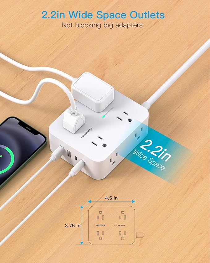 Power Strips with Surge Protection - HANYCONY 8 Widely Outlets with 4 USB Ports (2 USB C), 3-Side Outlet Extender Strip, 5 Ft Extension Cord, Ideal for Home Office College Dorm Room Essentials