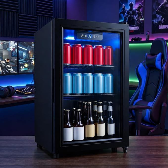 Dawmilon 1.8 Cu.Ft Mini Fridge, 70 Can Beverage Refrigerator, Compact Drink Fridge with Glass Door, Adjustable Shelves, Temperature Control, Beverage Cooler for Soda Beer Wine Dorm Office Bedroom