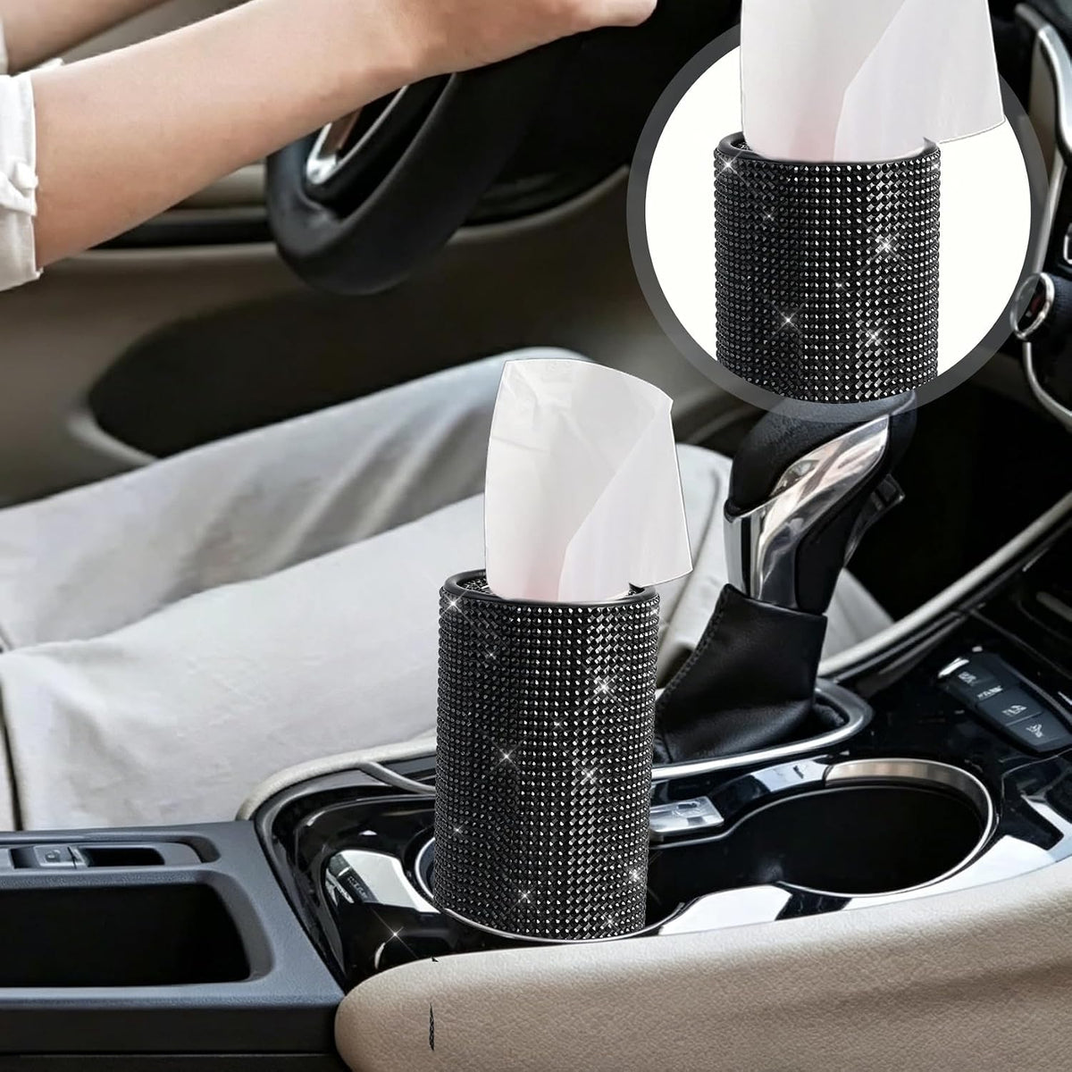 Bling Car Tissue Holder for Cup Holder, Car Organizer, Sparkly Diamond Automotive Interior Tissue Cylinder Storage Box, Cylinder Tissue Dispenser for Cars Decor Universal for Most Cars (Black)
