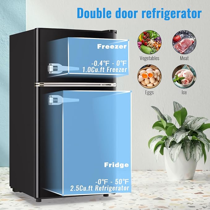 3.5 Cu.Ft Retro Mini Fridge with Handle Compact Refrigerator Black | Dual Door Refrigerator with Freezer 7 Gears Temperature Control Ideal for Bedroom Dorm Office