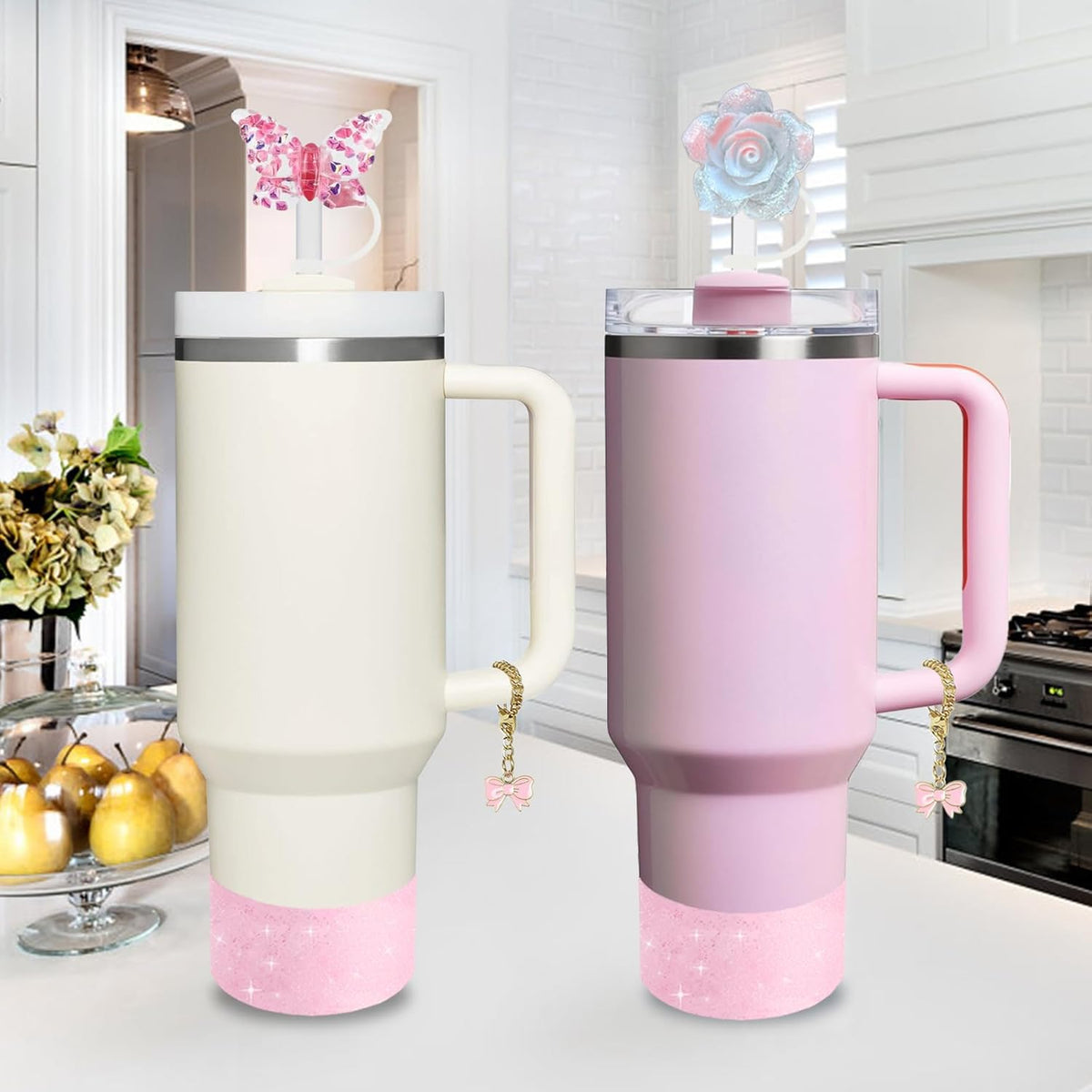 Stanley Cup Accessories Set - 2 Straw Covers, Silicone Stopper & Cute Maple Handle Charm | Fits 40 & 30 Oz Tumblers (Peony 2.0)