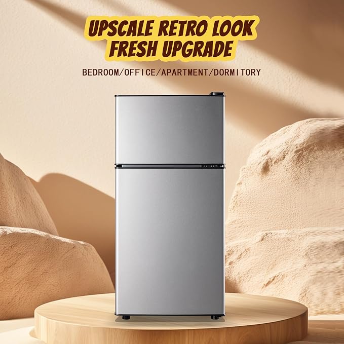 Mini Fridge 2.4 Cu.ft Mini Refrigerator with Freezer Dual Door Dorm Fridge for Personal Senven Temp Gear Suit for Apartment, Bedroom, Rv Silver