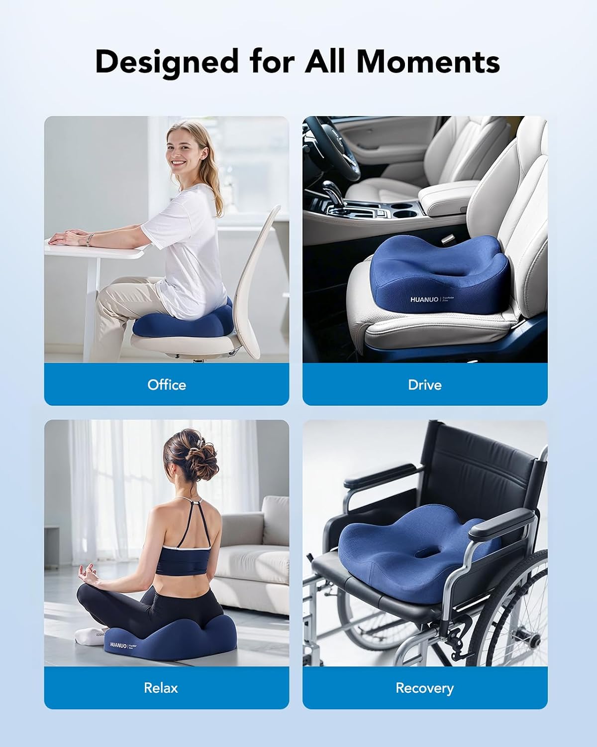 HUANUO Ergonomic Seat Cushion, Memory Foam Cooling Gel Office Chair Cushion for Hip Support, Tailbone Pressure Relief, Breathable Car Seat Cushion for Home, Work, Driving