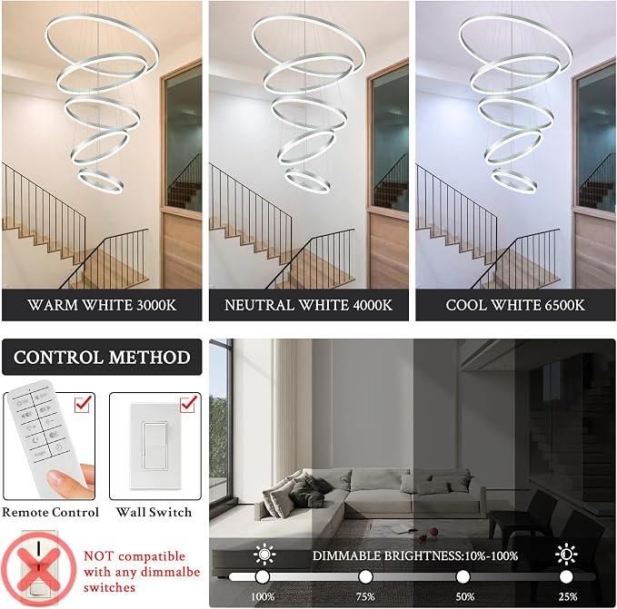 5-Rings D31.5in Modern LED Chandelier Silver Dimmable High Ceiling Chandeliers