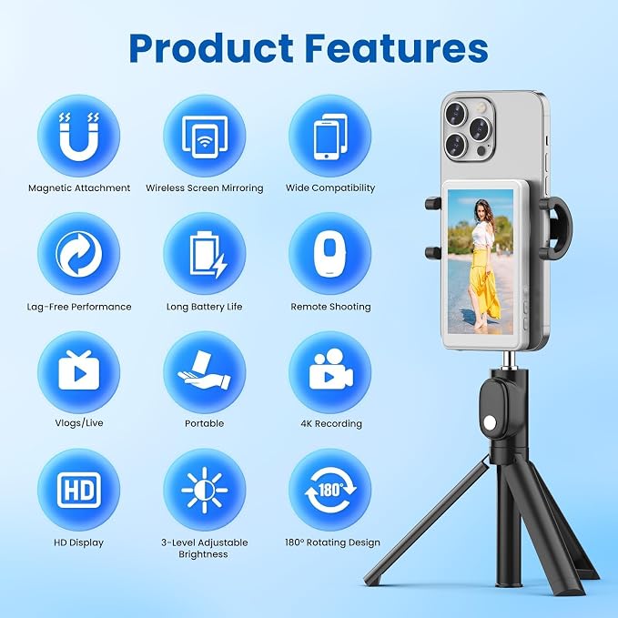 LUCKSKY Vlog Selfie Monitor Screen iPhone, 4K 60fps Recording, Wireless Screen