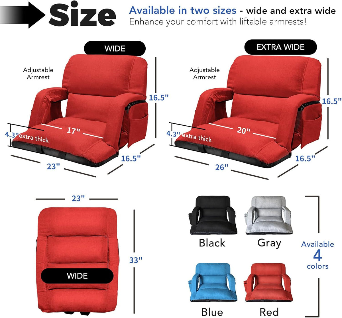 Skiennix Wide Stadium Seats - Extra Thick Bleacher Chairs with Back Support & Cushion | 2-Pack, 6 Reclining Positions, Red (22.5")