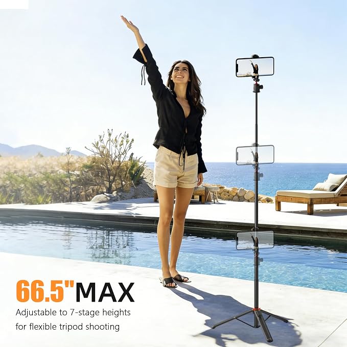 Action Camera Tripod with 360° Ball Head, 66.5'' Selfie Stick Tripod with