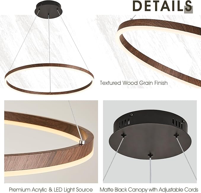 24" Ring Chandelier Modern LED Round Chandelier Wood Grain Finish Dimmable