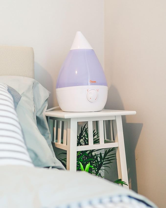 Crane White Drop Ultrasonic Cool Mist Teardrop Humidifier, 1 Gallon Tank, Baby Humidifier for Nursery, Bedroom, Plants, Office, Adjustable Mist Levels