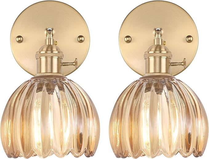 Vintage Wall Sconces Set of 2 with Amber Tulip Glass Lampshade 180 Degree Adjustable Brass Sconces Hradwired Modern Wall Lighting Fixture with Switch for Bedside Bedroom Doorway