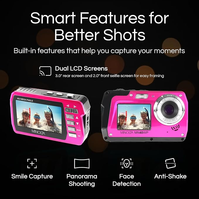 Minolta MN40WP 48MP Waterproof Digital Camera – Dual LCD Screens, 2.7K QHD Video