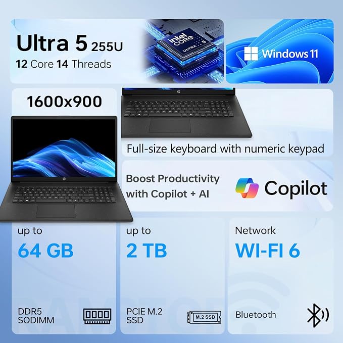 HP Laptop Computer, Intel Ultra 5 225U (2026 Edition), Large 17.3" Display | 16GB DDR5 RAM, 512GB SSD, Long Battery Life, Ideal for Data Processing, Streaming, Photo & Video Editing, Windows 11 Home