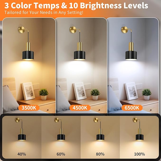 VerRon Rechargeable Battery Operated Wall Sconce Set of Two, Black & Gold Wireless Battery Powered Lights with Dimmable Detachable Bulbs & Remote, Modern Sconces Wall Decor for Bedroom Living Room