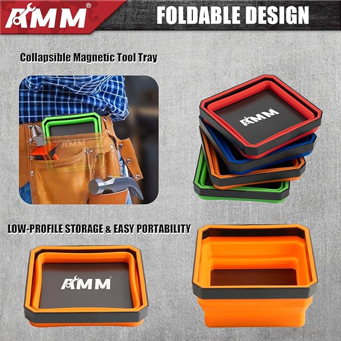 AMM Magnetic Tray, 4 PC Foldable Magnetic Tool Tray Set for Bolts Screws Nuts & Small Metal Parts, Mechanic Tool Present for Men, Red, Blue, Orange, Green, 4.5 Inch Square (4PC, Colorful)