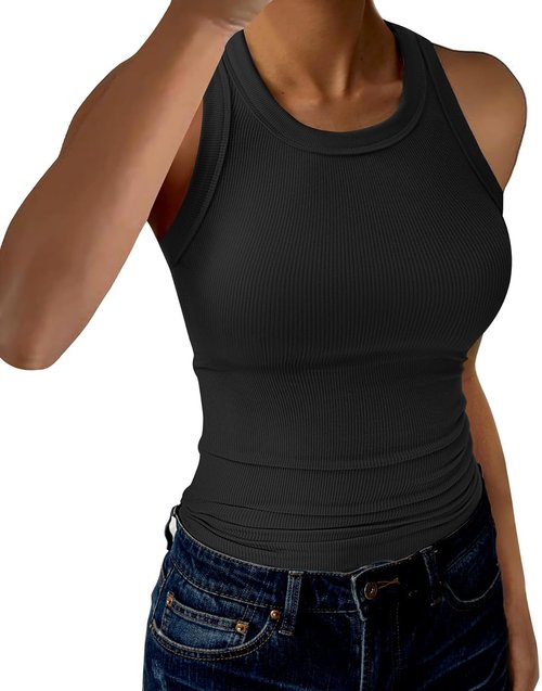 GKBK Women's High Neck Ribbed Tank Top - Casual Slim Fitted Sleeveless Shirt in Various Colors