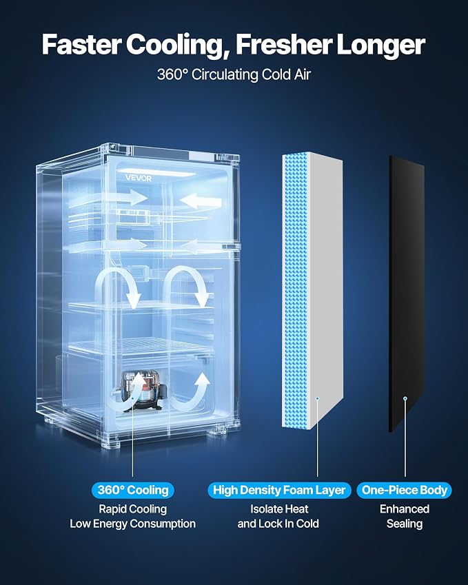 VEVOR Mini Fridge with Freezer, 3.2 Cu.Ft, Dual Zone Compact Refrigerator, 3 Modes Adjustable Temp, Energy Efficient Small Fridge, Reversible Door, Low Noise, for Bedroom, Dorm, Brushed Stainless
