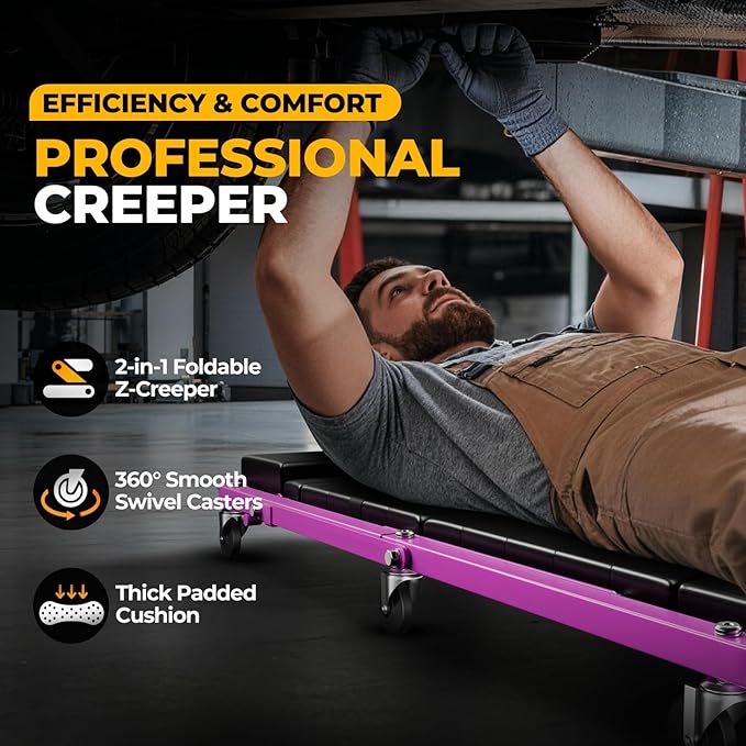 Auto Dynasty 48" Z-Creeper Seat, 2-in-1 Foldable Garage Creeper Shop Seat, 330 LBS Capacity Automotive Mechanic Repair Under Car Rolling Creeper Seat, Purple