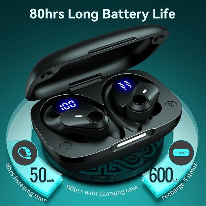 Active Noise Cancelling Ear Buds Wireless Earbuds 80H Playtime Bluetooth Headphones with LED Display Case, Hi-Res Audio Clear Calls Earphones with Over Ear Hooks for Running Gym Workout Travel Black