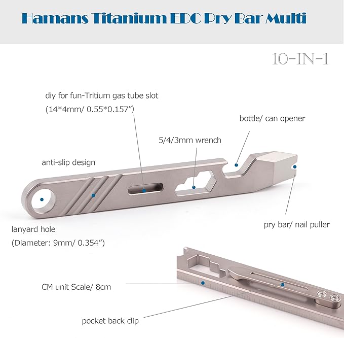 EDC Pry Bar Bottle Opener Titanium Pry Bar Gear 10-in-1 Mutitool with Clip CM Unit Scale Wrench 4.37"