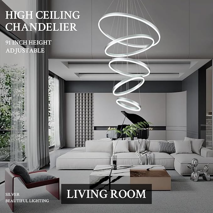 5-Rings D31.5in Modern LED Chandelier Silver Dimmable High Ceiling Chandeliers