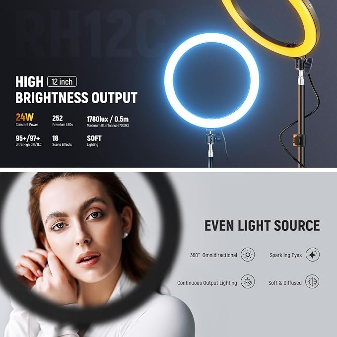 NEEWER 12" Ring Light with Stand Tripod Compatible with iPhone, 24W LED RGB