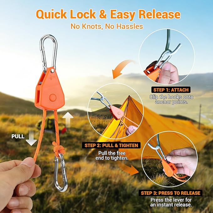 Longer 15ft Paracord Rope Tie Down Ratchet Strap Small Reflective Portable Adjustable Fix Camping Rope Tent Tarp Tie Downs Grow Plant Light Hangers Pulley Tightener Tensioner Adjuster 1/8in 4Pack
