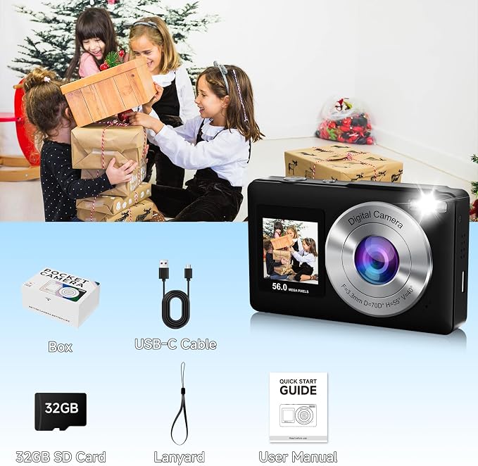 Digital Camera, 56MP 2.7K Dual-Screen Selfie Camera