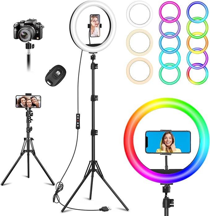 10.3" Selfie Ring Light with Stand and Phone Holder, 96 RGB Lighting Modes