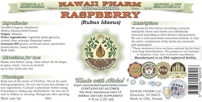 Raspberry Alcohol-Free Liquid Extract, Organic Raspberry (Rubus idaeus) Dried Leaf Glycerite Natural Herbal Supplement, Hawaii Pharm, USA 2x4 fl.oz