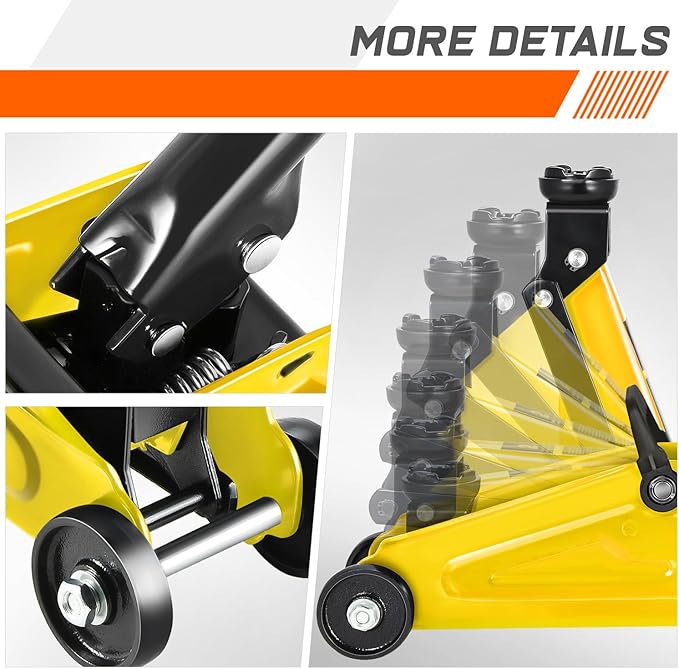 PM PERFORMOTOR Low Profile Hydraulic Trolley Service/Floor Jack Combo with 2 Ratchet Jack Stands, 2 Ton (4000 lbs) Capacity, Yellow,PM-TOL-FJ3P-YL