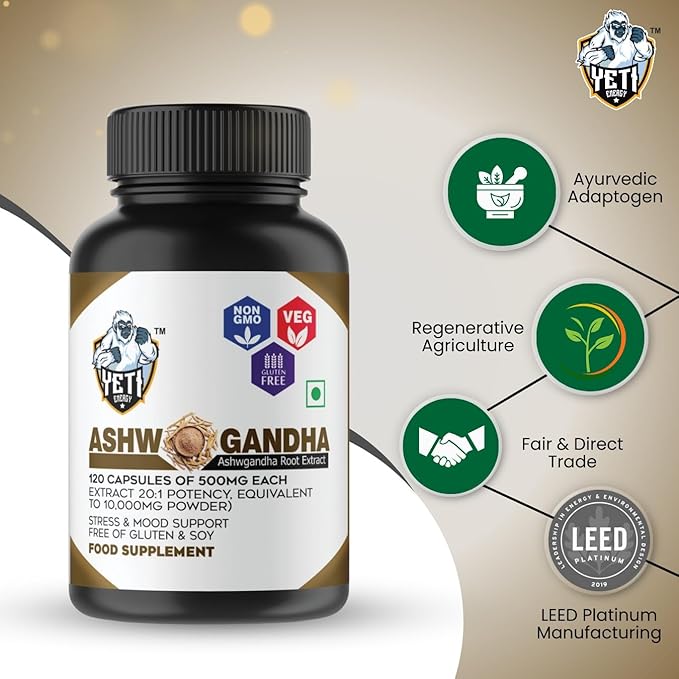 Ashwagandha Supplements 500 mg - Ashwagandha Capsules Pure Organic Ashwagandha Powder Root Extract - Ashwagandha Extra Strenth Stress Relief, Mood Enhancer - 120 Days Supply