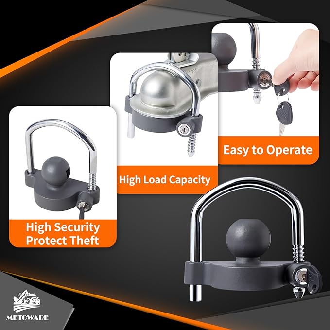 METOWARE Trailer Coupler Lock Universal Adjustable Heavy-Duty Steel Trailer Hitch Lock, Anti Theft Trailer Ball Lock Towing Lock for Towing Caravan Trailer Security Fits 1-7/8",2”, 2-5/16" Coupler