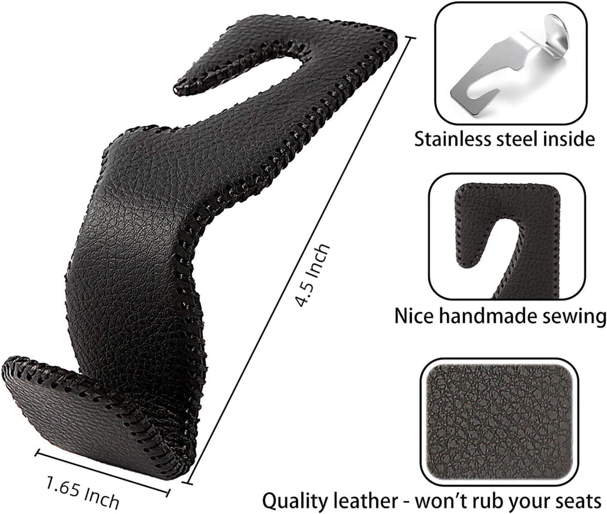 AMVOYOA Headrest Hooks for Car, Back Seat Organizer Black Leather Hanger Holder Hook, for Hanging Purses and Bags and Coats, Pack of 4