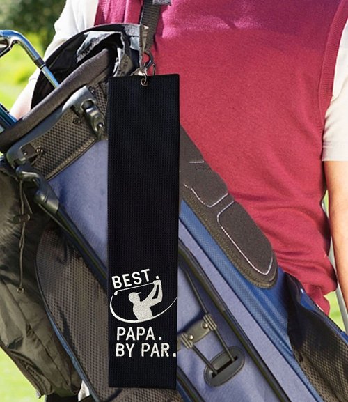 Funny Golf Towel, Best PAPA by Par, Golf Gifts for Men - Golf Accessories for Men, Embroidered Towels for Bags with Clip, Black